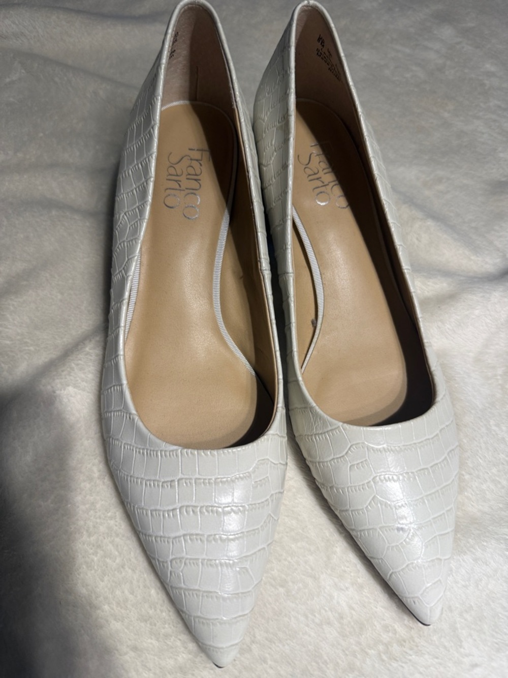 Franco Sarto White Croc-Embossed Pointed-Toe Flats